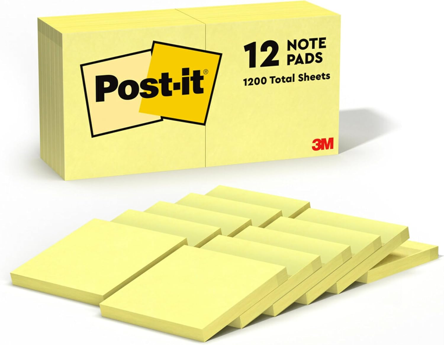 3M Post-it Original Sticky Notes, Canary Yellow Self-Stick Pads, 3 in x 3 in, 12 Pads
