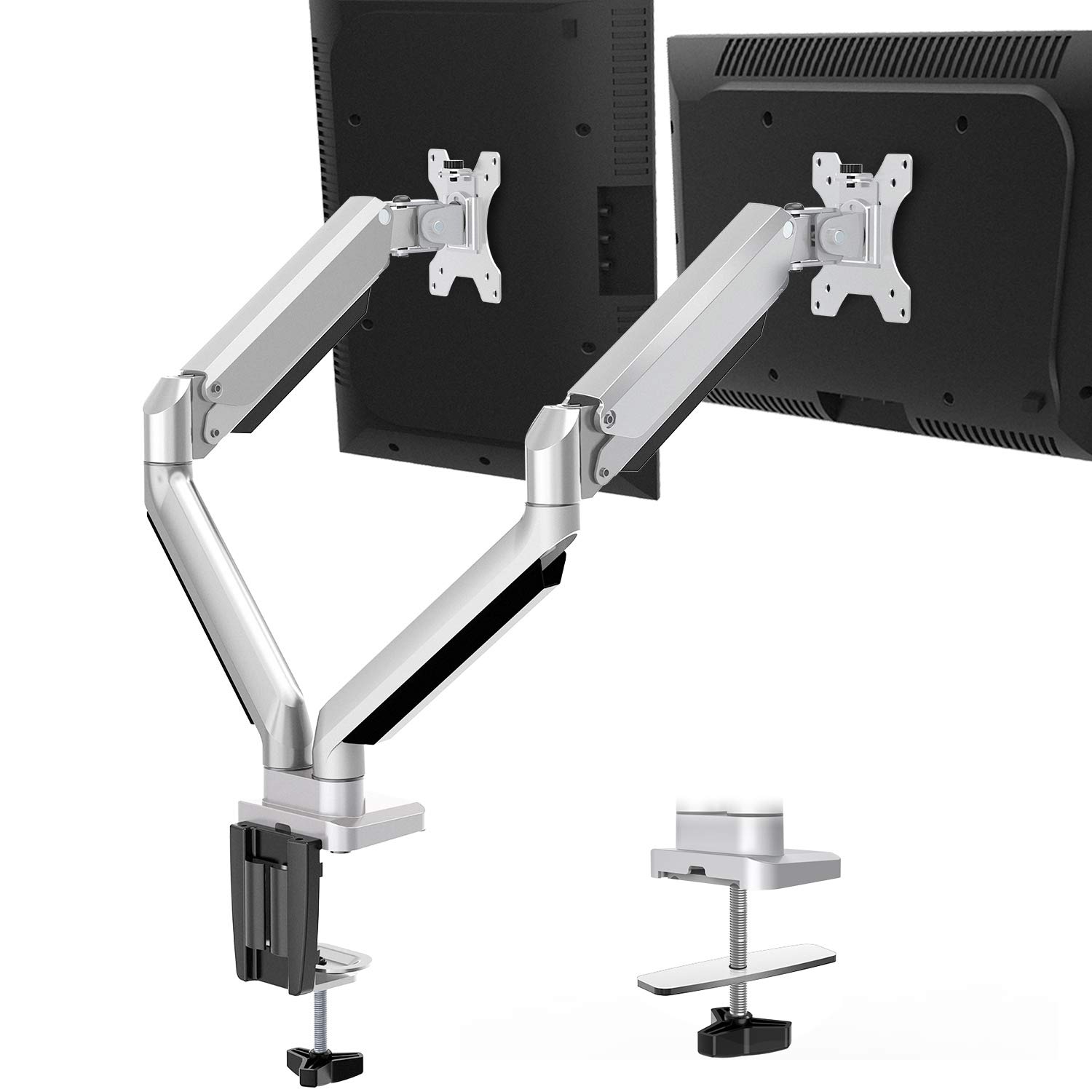 SB2 Trading Dual Monitor Stand, Gas Spring Articulating Arms VESA Mount, Brushed Aluminum Silver