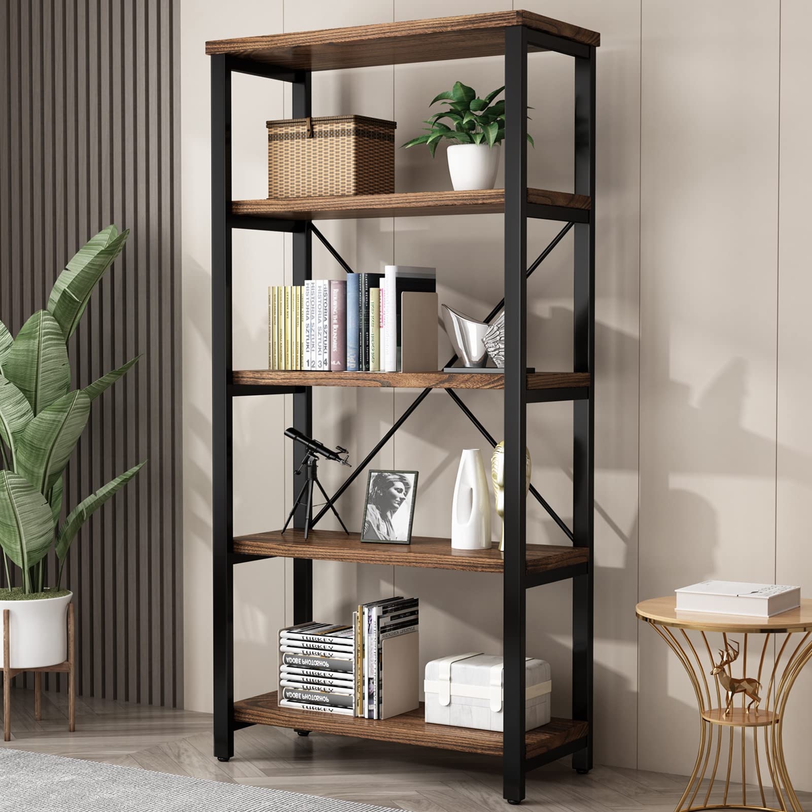 SB2 Trading Executive Bookshelf, 5-Tier Open Storage Bookcase, Dark Wood Shelves with Black Metal Frame