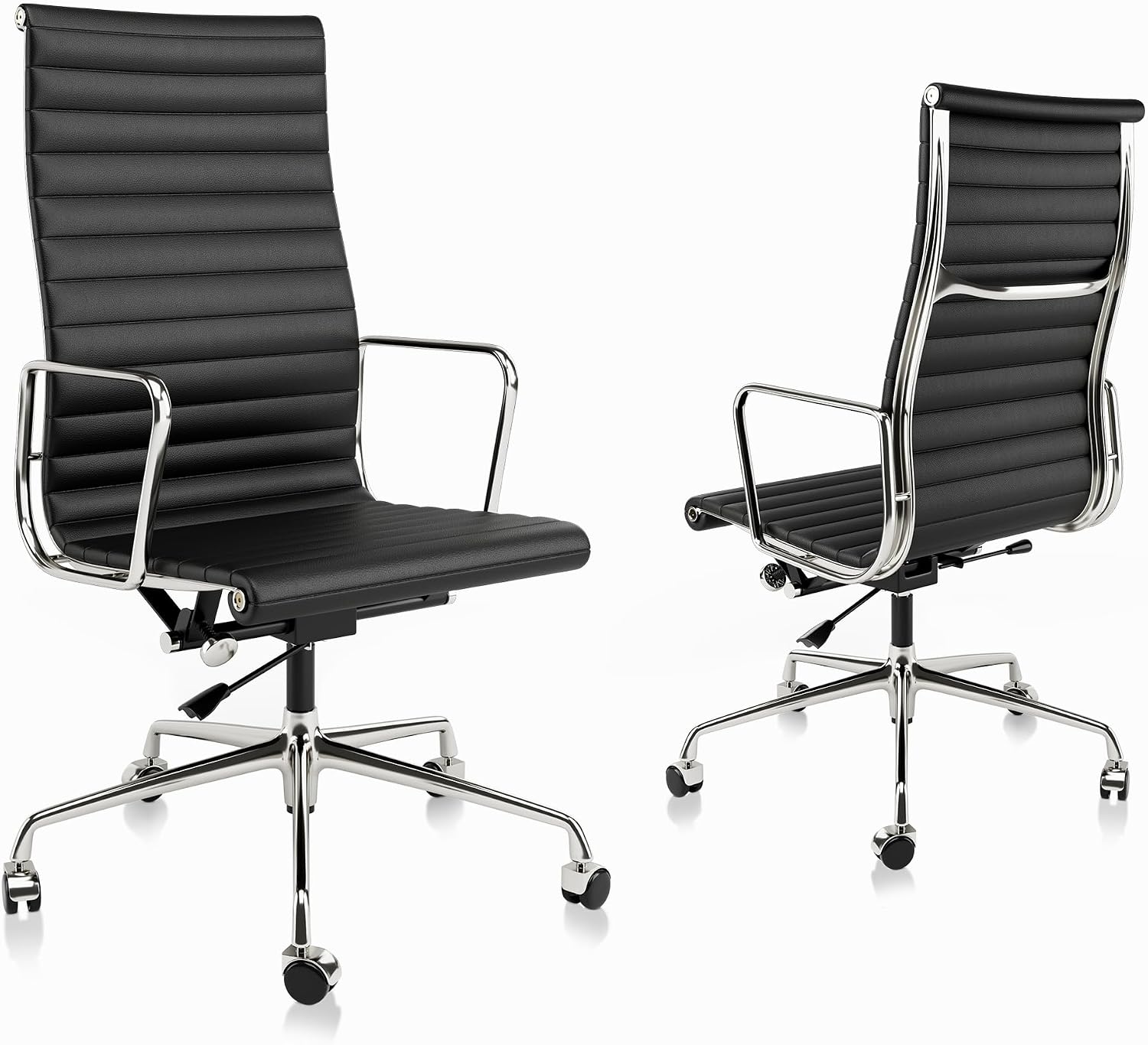 SB2 Trading Leather Conference Chair, High-Back Swivel with Padded Arms, Black Genuine Leather Chrome Base