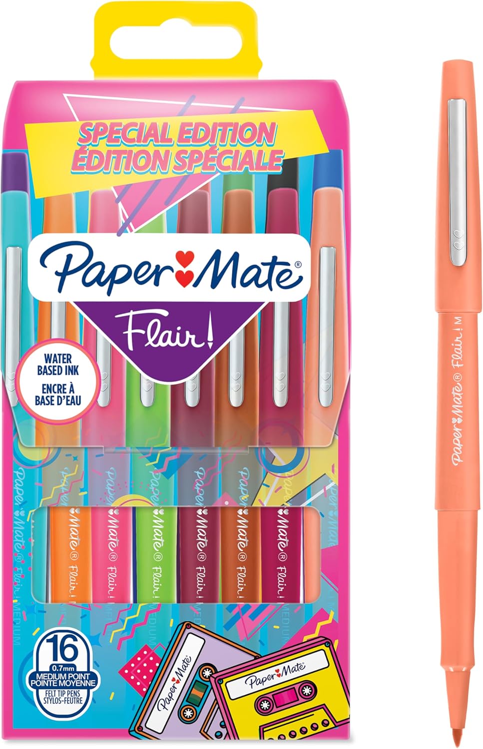 Paper Mate Flair Felt Tip Pens, Medium Point 0.7mm Smear-Resistant Ink, Assorted Colors, 16 Count