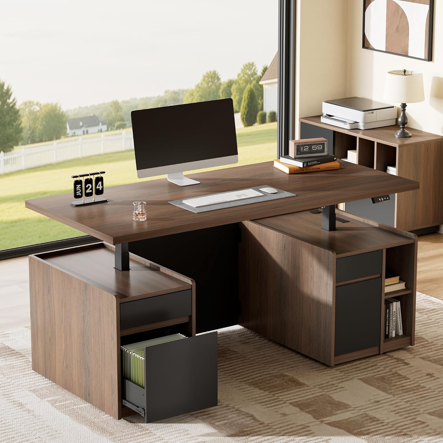SB2 Trading Electric Standing Desk, Height Adjustable Sit-Stand Workstation, Walnut Wood Top with Steel Frame